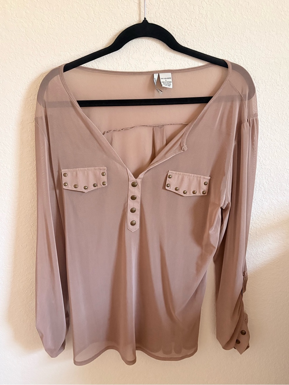 Love Potion Sheer Blush Studded Roll Tab Sleeve Blouse Tunic Size L